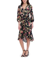 Eliza J Floral Satin V-Neck Long Sleeve High Low Flounce Hem Wrap Dress