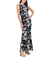 Eliza J Floral Sequin Boat Neck Sleeveless V-Back Gown