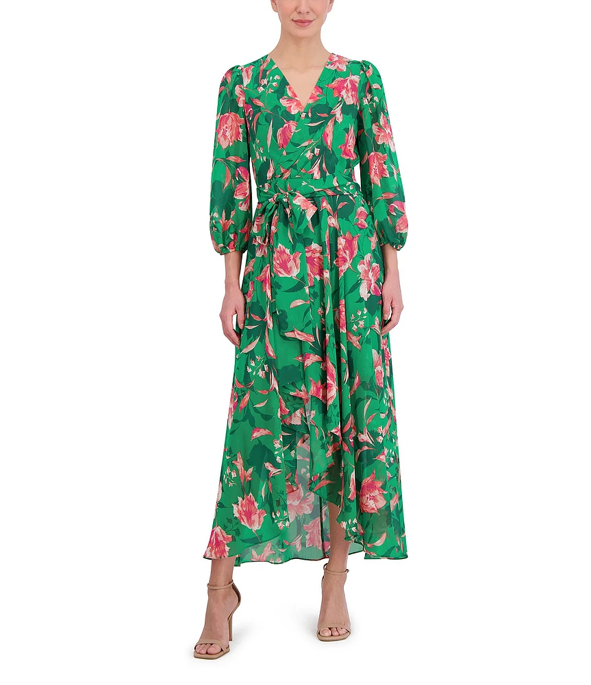 Eliza J Floral Surplice V-Neck 3/4 Sleeve Faux Wrap Midi Dress