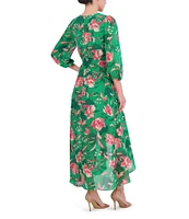 Eliza J Floral Surplice V-Neck 3/4 Sleeve Faux Wrap Midi Dress