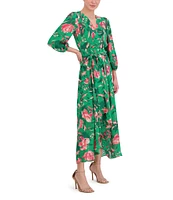 Eliza J Floral Surplice V-Neck 3/4 Sleeve Faux Wrap Midi Dress