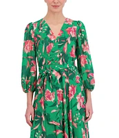 Eliza J Floral Surplice V-Neck 3/4 Sleeve Faux Wrap Midi Dress