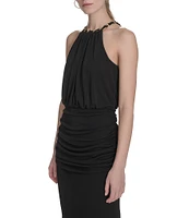 Eliza J Halter Chain Neck Cutaway Shoulder Ruched Jersey Blouson Maxi Dress