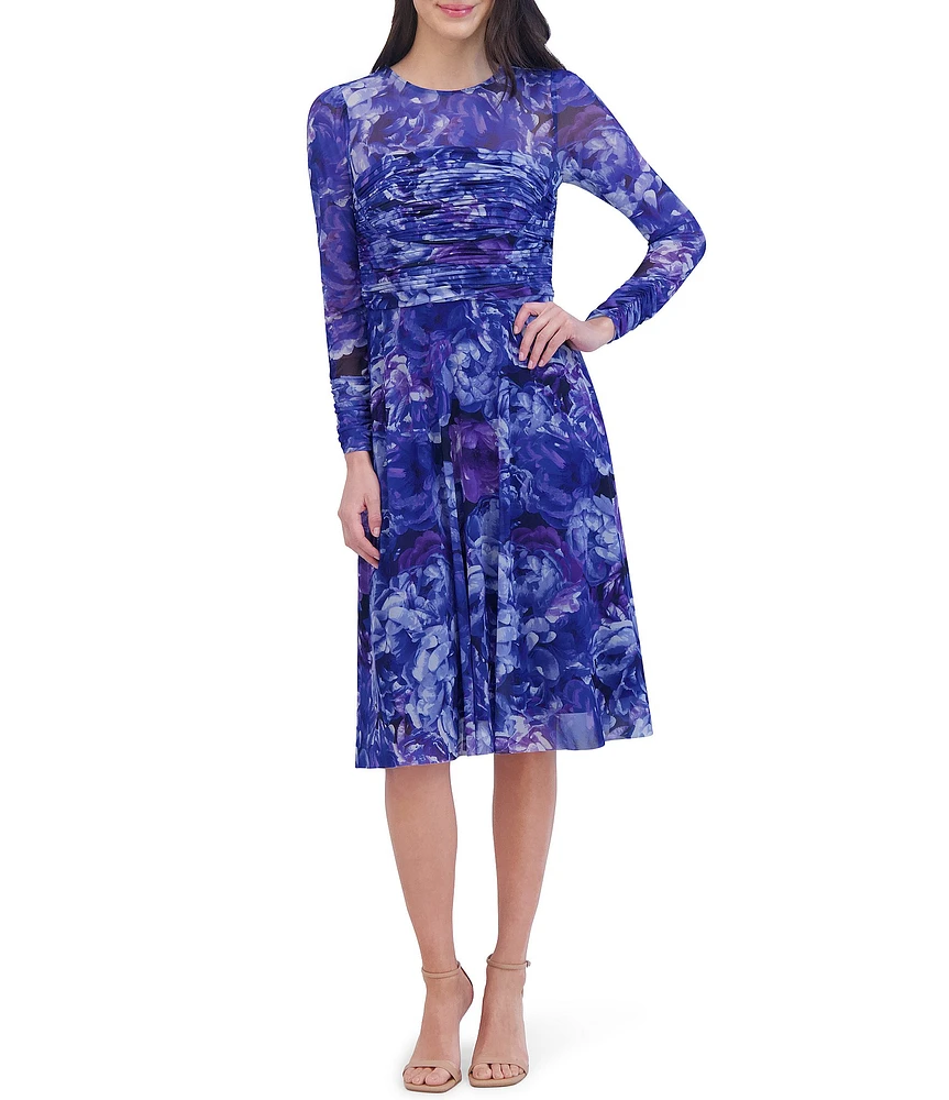 Eliza J Illusion Floral Mesh Illusion Round Neck Long Sleeve Ruched Midi Dress