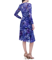 Eliza J Illusion Floral Mesh Illusion Round Neck Long Sleeve Ruched Midi Dress