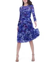 Eliza J Illusion Floral Mesh Illusion Round Neck Long Sleeve Ruched Midi Dress