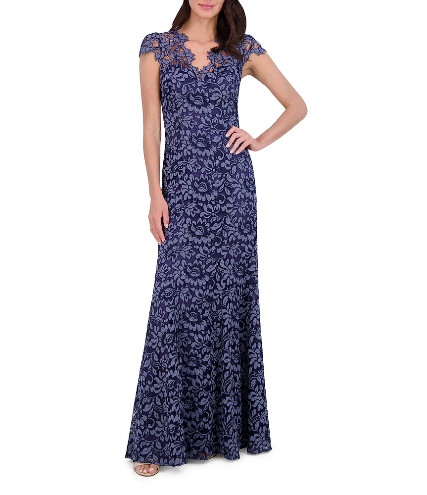 Eliza J Illusion Lace Neck Cap Sleeve V-Neck Mermaid Gown