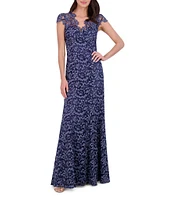 Eliza J Illusion Lace Neck Cap Sleeve V-Neck Mermaid Gown