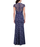 Eliza J Illusion Lace Neck Cap Sleeve V-Neck Mermaid Gown