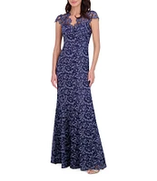 Eliza J Illusion Lace Neck Cap Sleeve V-Neck Mermaid Gown