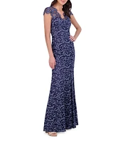 Eliza J Illusion Lace Neck Cap Sleeve V-Neck Mermaid Gown