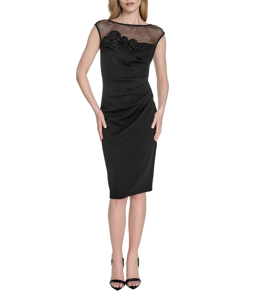 Eliza J Illusion Mesh Boat Neck 3D Flower Applique Side Ruched Scuba Crepe Sheath Dress