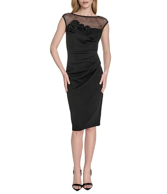 Eliza J Illusion Mesh Boat Neck 3D Flower Applique Side Ruched Scuba Crepe Sheath Dress