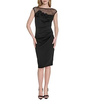 Eliza J Illusion Mesh Boat Neck 3D Flower Applique Side Ruched Scuba Crepe Sheath Dress