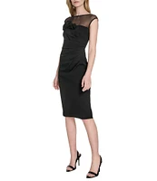 Eliza J Illusion Mesh Boat Neck 3D Flower Applique Side Ruched Scuba Crepe Sheath Dress