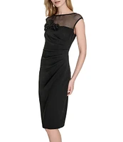 Eliza J Illusion Mesh Boat Neck 3D Flower Applique Side Ruched Scuba Crepe Sheath Dress