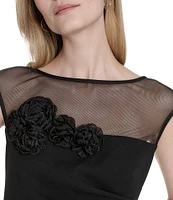 Eliza J Illusion Mesh Boat Neck 3D Flower Applique Side Ruched Scuba Crepe Sheath Dress