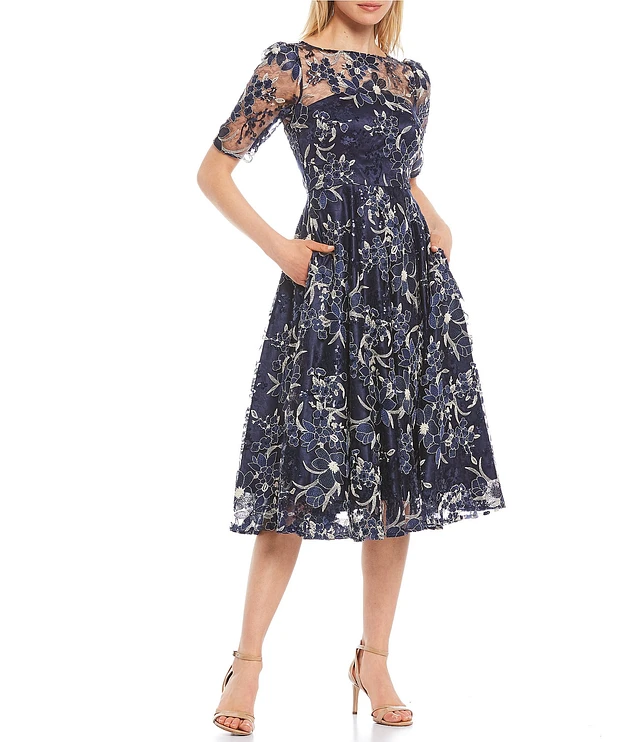 Compare Eliza J Illusion Boat Neck Short Sleeve Sequin Embroidered Floral  Lace A-Line Midi Dress | Hamilton Place