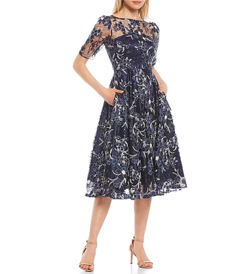 Eliza J Illusion Boat Neck Short Sleeve Sequin Embroidered Floral Lace A-Line Midi Dress