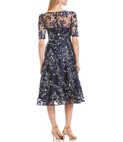 Eliza J Illusion Boat Neck Short Sleeve Sequin Embroidered Floral Lace A-Line Midi Dress