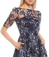 Eliza J Illusion Boat Neck Short Sleeve Sequin Embroidered Floral Lace A-Line Midi Dress