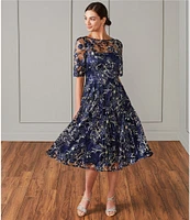 Eliza J Illusion Boat Neck Short Sleeve Sequin Embroidered Floral Lace A-Line Midi Dress