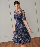 Eliza J Illusion Boat Neck Short Sleeve Sequin Embroidered Floral Lace A-Line Midi Dress