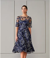 Eliza J Illusion Boat Neck Short Sleeve Sequin Embroidered Floral Lace A-Line Midi Dress