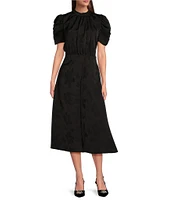 Eliza J Jacquard Crinkles Mock Neck Puff Sleeves Open Back A-Line Midi Dress