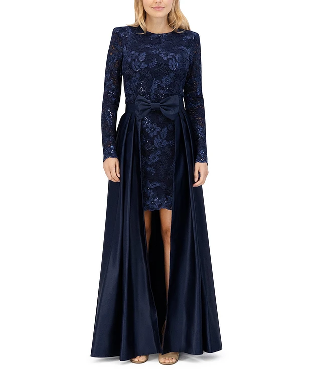 Eliza J Lace Boat Neck Long Sleeve Removable Belted Overlay Skirt Sheath  Dress | Liberty Center
