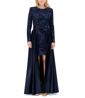 Eliza J Lace Boat Neck Long Sleeve Removable Belted Overlay Skirt Sheath Dress