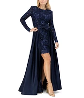 Eliza J Lace Boat Neck Long Sleeve Removable Belted Overlay Skirt Sheath Dress