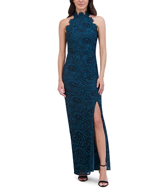 Eliza J Lace Halter Neck Sleeveless Side Slit Gown