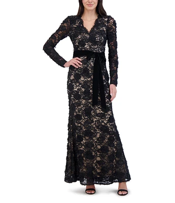 Eliza J Lace V-Neck Long Sleeve Sash Belt Sheath Dress