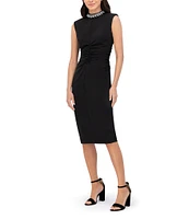 Eliza J Laguna Crepe Beaded Mock Neck Sleeveless Ruched Midi Dress