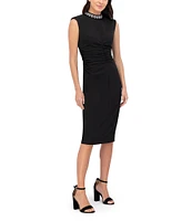 Eliza J Laguna Crepe Beaded Mock Neck Sleeveless Ruched Midi Dress