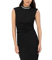 Eliza J Laguna Crepe Beaded Mock Neck Sleeveless Ruched Midi Dress