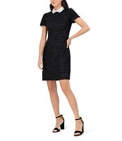 Eliza J Metallic Boucle Embellished Collar Neck Short Sleeve Side Pocket Mini Dress