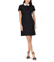 Eliza J Metallic Boucle Embellished Collar Neck Short Sleeve Side Pocket Mini Dress