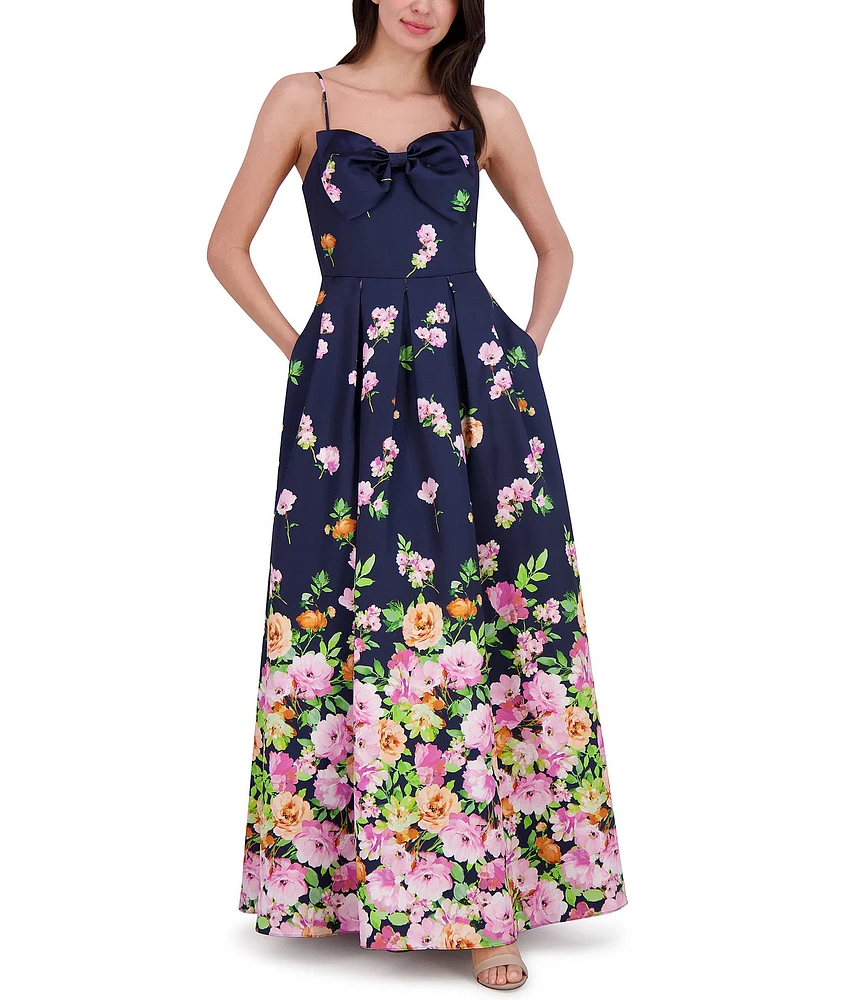 Eliza J Mikado Floral Print Sweetheart Neck Sleeveless Bow A-Line Gown