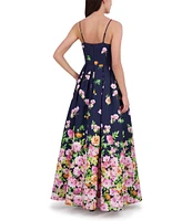 Eliza J Mikado Floral Print Sweetheart Neck Sleeveless Bow A-Line Gown