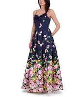 Eliza J Mikado Floral Print Sweetheart Neck Sleeveless Bow A-Line Gown