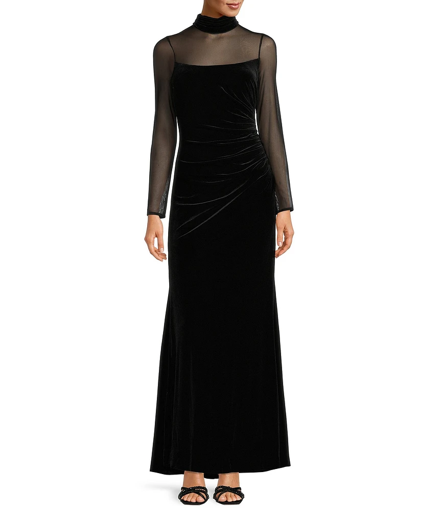 Eliza J Mock Neck Mesh Stretch Velvet Side Ruched Long Illusion Sleeve Keyhole Back Gown