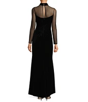 Eliza J Mock Neck Mesh Stretch Velvet Side Ruched Long Illusion Sleeve Keyhole Back Gown