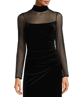 Eliza J Mock Neck Mesh Stretch Velvet Side Ruched Long Illusion Sleeve Keyhole Back Gown