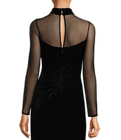 Eliza J Mock Neck Mesh Stretch Velvet Side Ruched Long Illusion Sleeve Keyhole Back Gown