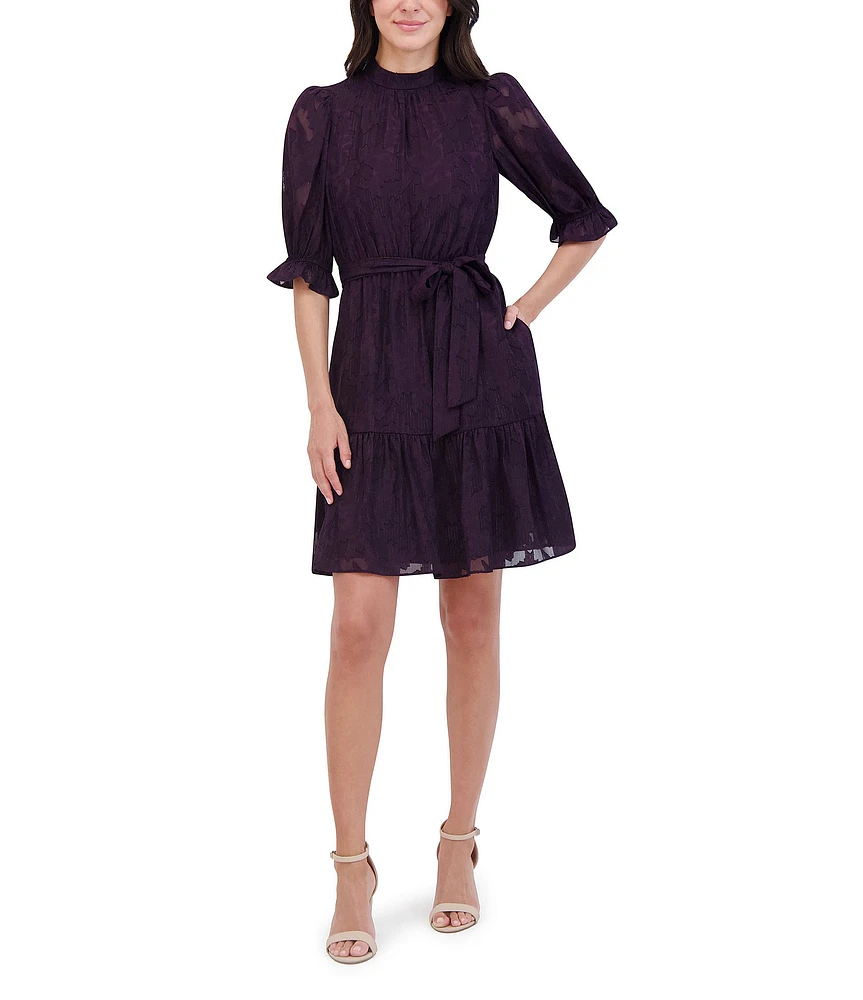 Eliza J Novelty Chiffon Mock Neck Short Puff Shoulder Sleeve Flounce Trim Tie Waist Mini Dress