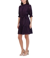 Eliza J Novelty Chiffon Mock Neck Short Puff Shoulder Sleeve Flounce Trim Tie Waist Mini Dress