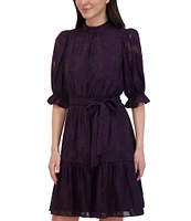 Eliza J Novelty Chiffon Mock Neck Short Puff Shoulder Sleeve Flounce Trim Tie Waist Mini Dress