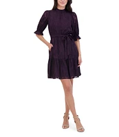 Eliza J Novelty Chiffon Mock Neck Short Puff Shoulder Sleeve Flounce Trim Tie Waist Mini Dress